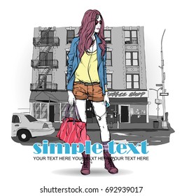 Hand drawn background with illustration of a pretty girl in sketch style. Vector illustration.