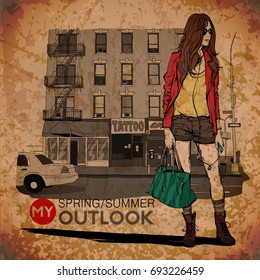 Hand drawn background with illustration of a pretty girl in sketch style. Vector illustration.