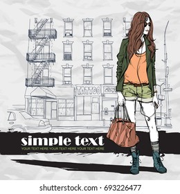 Hand drawn background with illustration of a pretty girl in sketch style. Vector illustration.