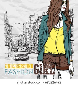 Hand drawn background with illustration of a pretty girl in sketch style. Vector illustration.