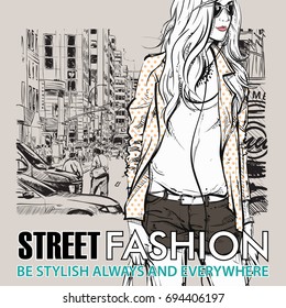 Hand drawn background with illustration of a pretty girl in sketch style. Vector illustration.