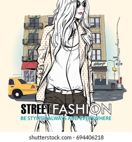 Hand drawn background with illustration of a pretty girl in sketch style. Vector illustration.