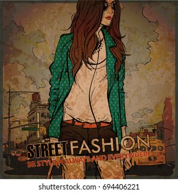 Hand drawn background with illustration of a pretty girl in sketch style. Vector illustration.
