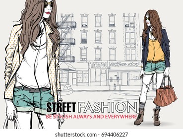 Hand drawn background with illustration of a pretty girl in sketch style. Vector illustration.