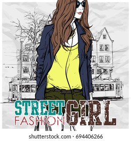 Hand drawn background with illustration of a pretty girl in sketch style. Vector illustration.