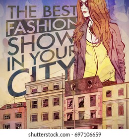Hand drawn background with illustration of a pretty girl in sketch style. Vector illustration.