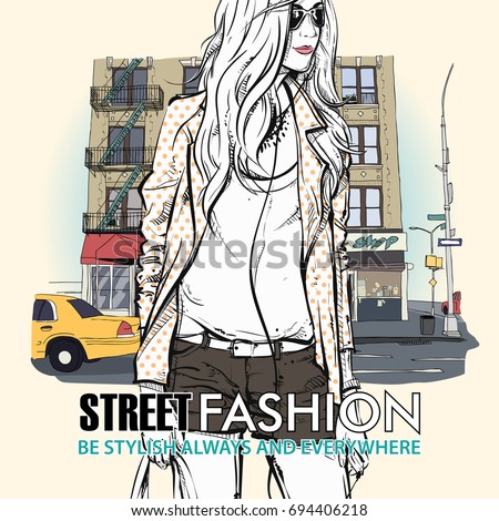 Hand drawn background with illustration of a pretty girl in sketch style. Vector illustration.
