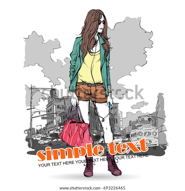 Hand drawn background with\
illustration of a pretty girl in sketch style. Vector\
illustration.