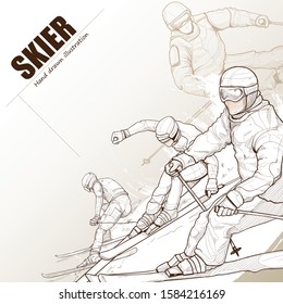 Hand drawn background with illustration of Skier in sketch style. Vector illustration.