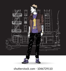 Hand drawn background with illustration of a stylish guy in sketch style. Vector illustration.