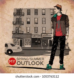 Hand drawn background with illustration of a stylish guy in sketch style. Vector illustration.