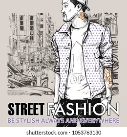 Hand drawn background with illustration of a stylish guy in sketch style. Vector illustration.