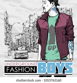 Hand drawn background with illustration of a stylish guy in sketch style. Vector illustration.