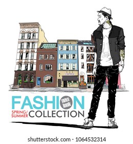 Hand drawn background with illustration of a stylish guy in sketch style. Vector illustration.
