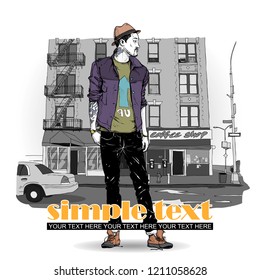 Hand drawn background with illustration of a stylish guy in sketch style. Vector illustration.
