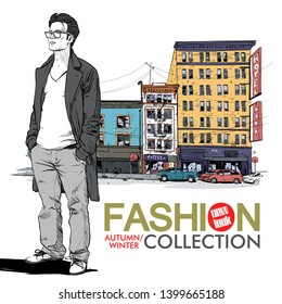 Hand drawn background with illustration of a stylish boy in sketch style. Vector illustration.