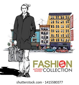 Hand drawn background with illustration of a stylish boy in sketch style. Vector illustration.