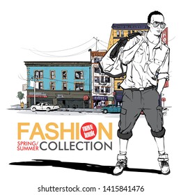 Hand drawn background with illustration of a stylish boy in sketch style. Vector illustration.
