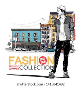 Hand drawn background with illustration of a stylish boy in sketch style. Vector illustration.