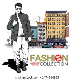 Hand drawn background with illustration of a stylish boy in sketch style. Vector illustration.