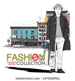 Hand drawn background with illustration of a stylish boy in sketch style. Vector illustration.