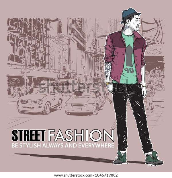 Hand drawn background with\
illustration of a stylish guy in sketch style. Vector\
illustration.
