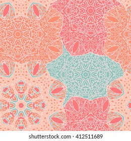 Hand drawn background. Islam, Arabic, Indian, ottoman motifs. Vector illustration. Seamless pattern with colorful mandala. Figure in the oriental style with traditional elements.