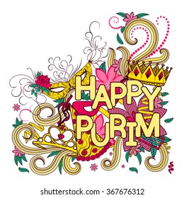 Hand drawn background for Jewish holiday Purim doodles elements. Happy Purim in Hebrew. Vector illustration. 