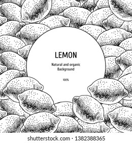 Hand drawn background with lemon. Sketch of citrus. Vintage design with fruit. Layout for package. Black and white mockup. Vector illustration.