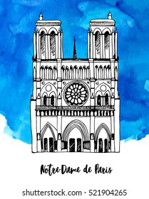 Hand drawn background with Notre Dame de Paris Cathedral in Paris, France on blue watercolor background