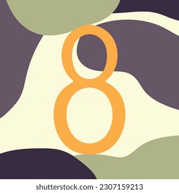 Hand drawn background with number eight and abstract shapes. Vector illustration