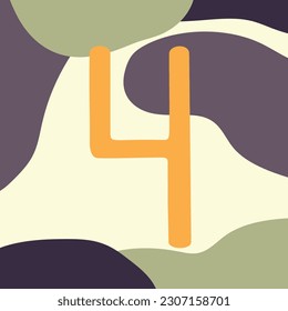 Hand drawn background with number four and abstract shapes. Vector illustration