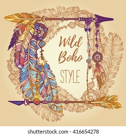 Hand drawn background with painted feathers, arrows and beads. Wreath border. Ethnic frame. Boho Colorful vector Illustration. Summer t-shirt design