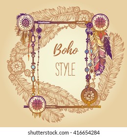 Hand drawn background with painted feathers, arrows and beads. Wreath border. Ethnic frame. Boho Colorful vector Illustration. Summer t-shirt design