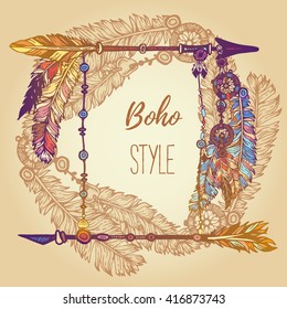 Hand drawn background with painted feathers, arrows and beads. Wreath border. Ethnic frame. Boho Colorful vector Illustration. Summer t-shirt design