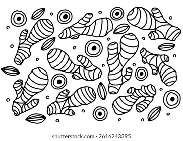 Hand drawn background pattern of ginger or turmeric, spices, fabric pattern, cute design, easy to edit, herbal medicine, food menu