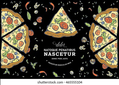 Hand drawn background pizza house or cafe fast food. Vector illustration. Engraved top view illustration. Junk food flyer.