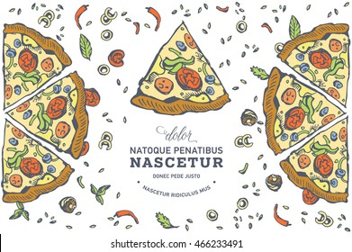 Hand drawn background pizza house or cafe fast food. Vector illustration. Engraved top view illustration. Junk food flyer.
