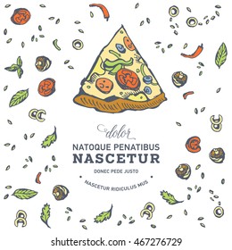 Hand drawn background pizza house or cafe fast food. Vector illustration. Engraved top view illustration. Junk food flyer.