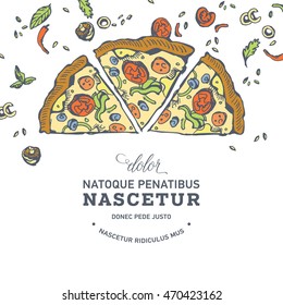 Hand drawn background pizza house or cafe fast food. Vector illustration. Engraved top view illustration. Junk food flyer.