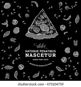 Hand drawn background pizza house or cafe fast food. Vector illustration. Engraved top view illustration. Junk food flyer.