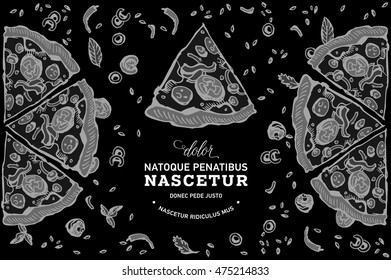 Hand drawn background pizza house or cafe fast food. Vector illustration. Engraved top view illustration. Junk food flyer.