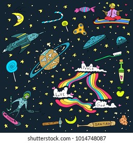 Hand drawn background with planets, stars, santa, cats, spinners, candies, lollipops, hearts, aliens in heaven, sky, space, art with handmade design elements repeated over dark background