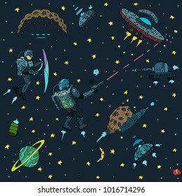 Hand drawn background with planets, stars, aliens, cosmic personages, laser guns in universe, galaxy, heaven, sky, space, art with handmade design elements repeated over dark background