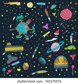 Hand drawn background with planets, stars, santa, cats, spinners, candies, lollipops, hearts, aliens in heaven, sky, space, art with handmade design elements repeated over dark background