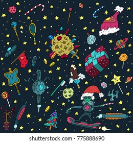 Hand drawn background with planets, stars, santa, spinners, candies, lollipops, hearts, aliens in heaven, sky, space, art with handmade design elements repeated over dark background