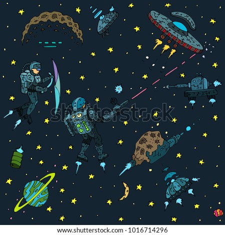 Hand drawn background with planets, stars, aliens, cosmic personages, laser guns in universe, galaxy, heaven, sky, space, art with handmade design elements repeated over dark background