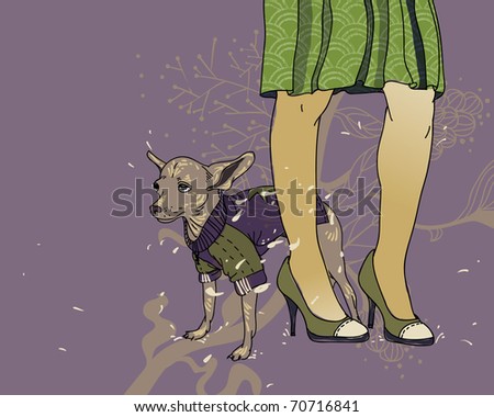 hand drawn background with pretty legs and a small  dog