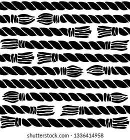 Hand drawn background of ropes with tassels. Seamless vector pattern