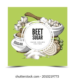 Antecedentes dibujados a mano con etiqueta redonda, lugar para marca y azúcar de remolacha. Ilustración vectorial de remolacha azucarera, tazón de azúcar y cuchara. Esbozar fondo para el embalaje de alimentos.